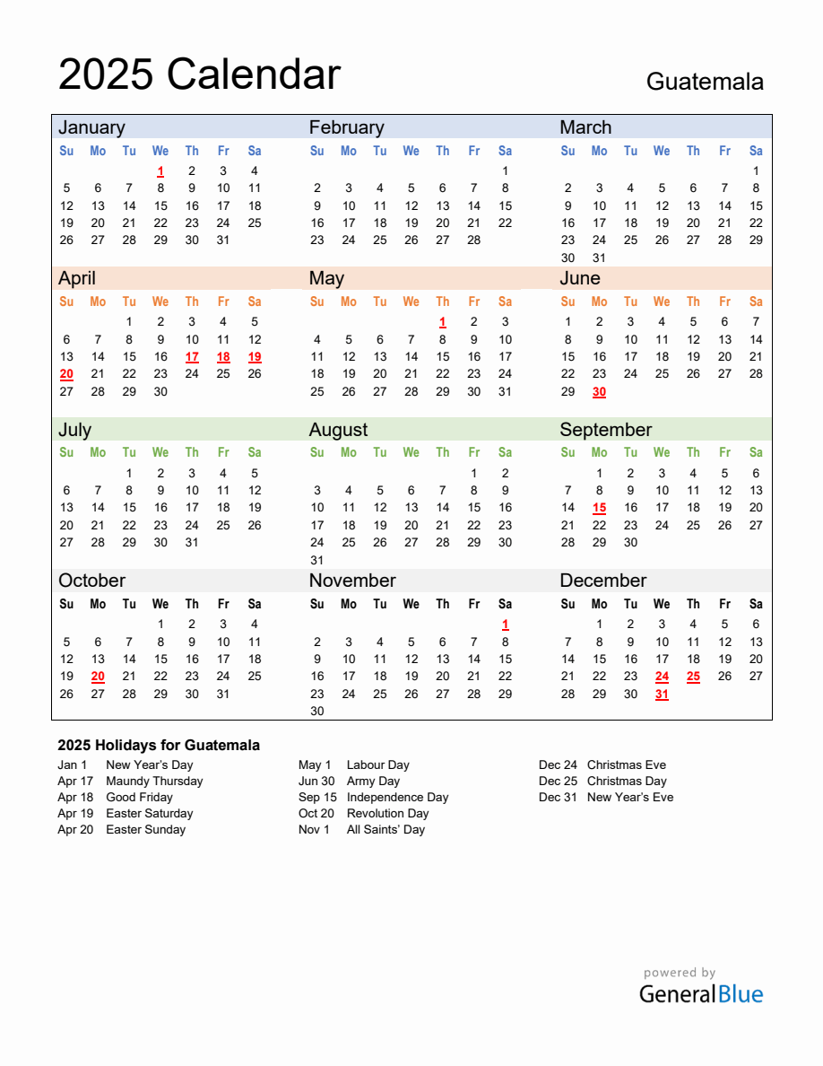 Annual Calendar 2025 with Guatemala Holidays