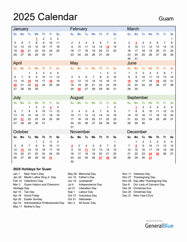 Calendar 2025 with Guam Holidays