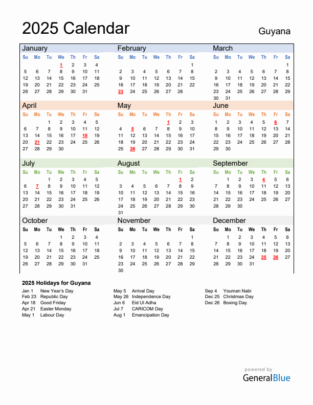 Calendar 2025 with Guyana Holidays