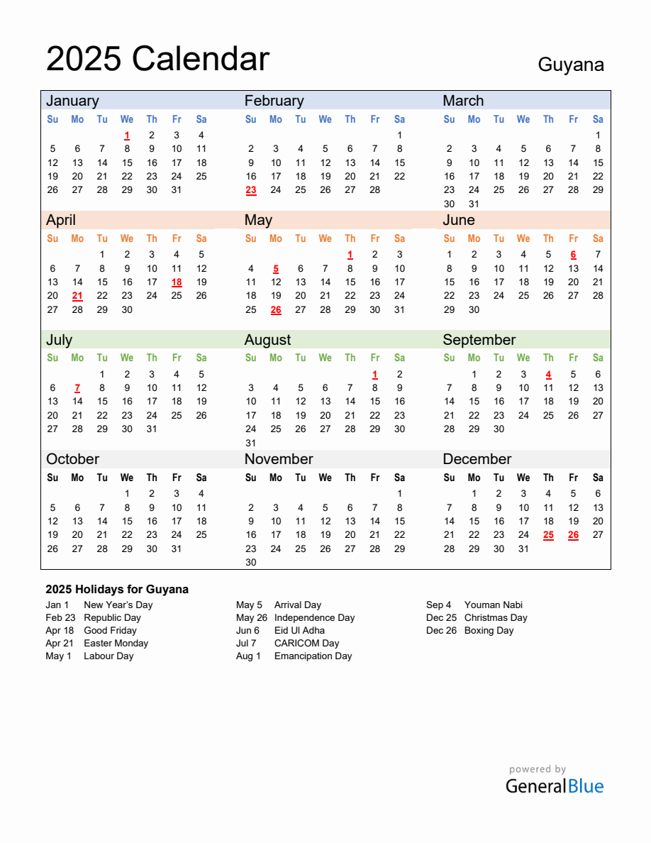 Annual Calendar 2025 with Guyana Holidays