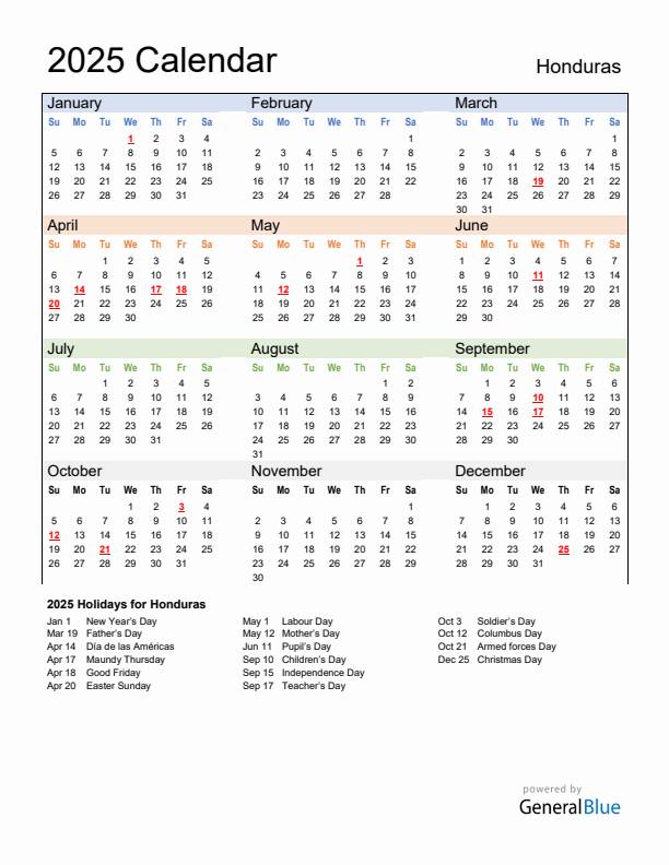 Calendar 2025 with Honduras Holidays