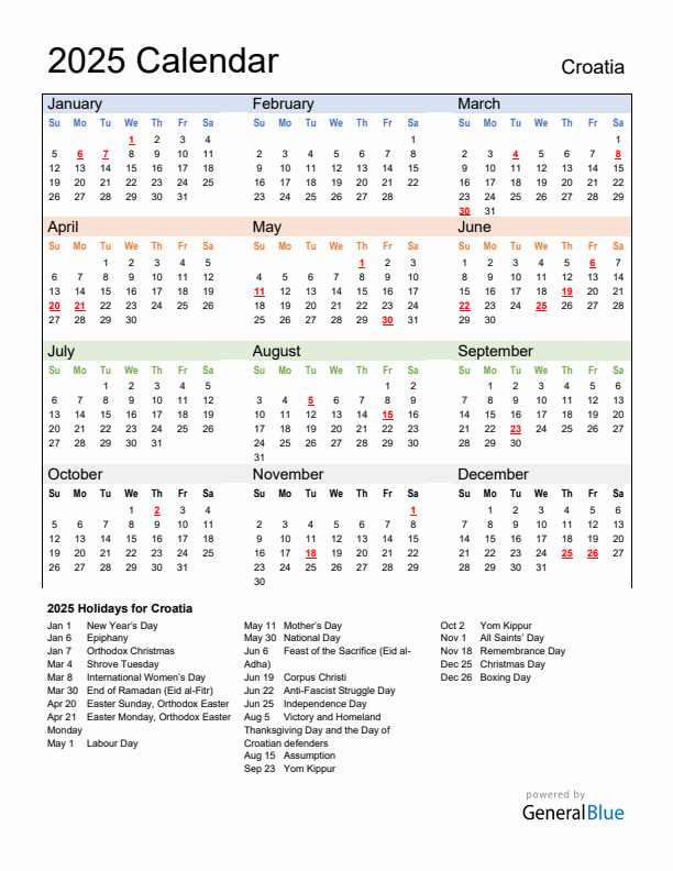 Calendar 2025 with Croatia Holidays