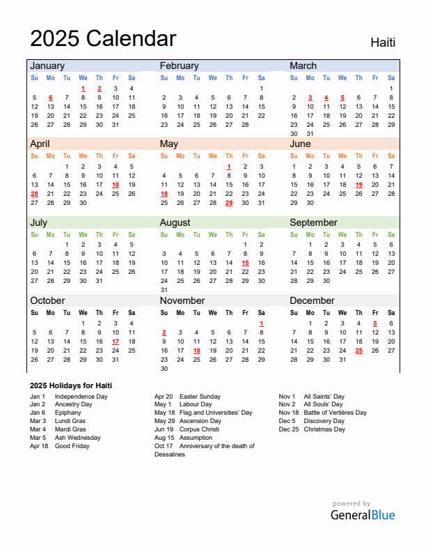 Calendar 2025 with Haiti Holidays