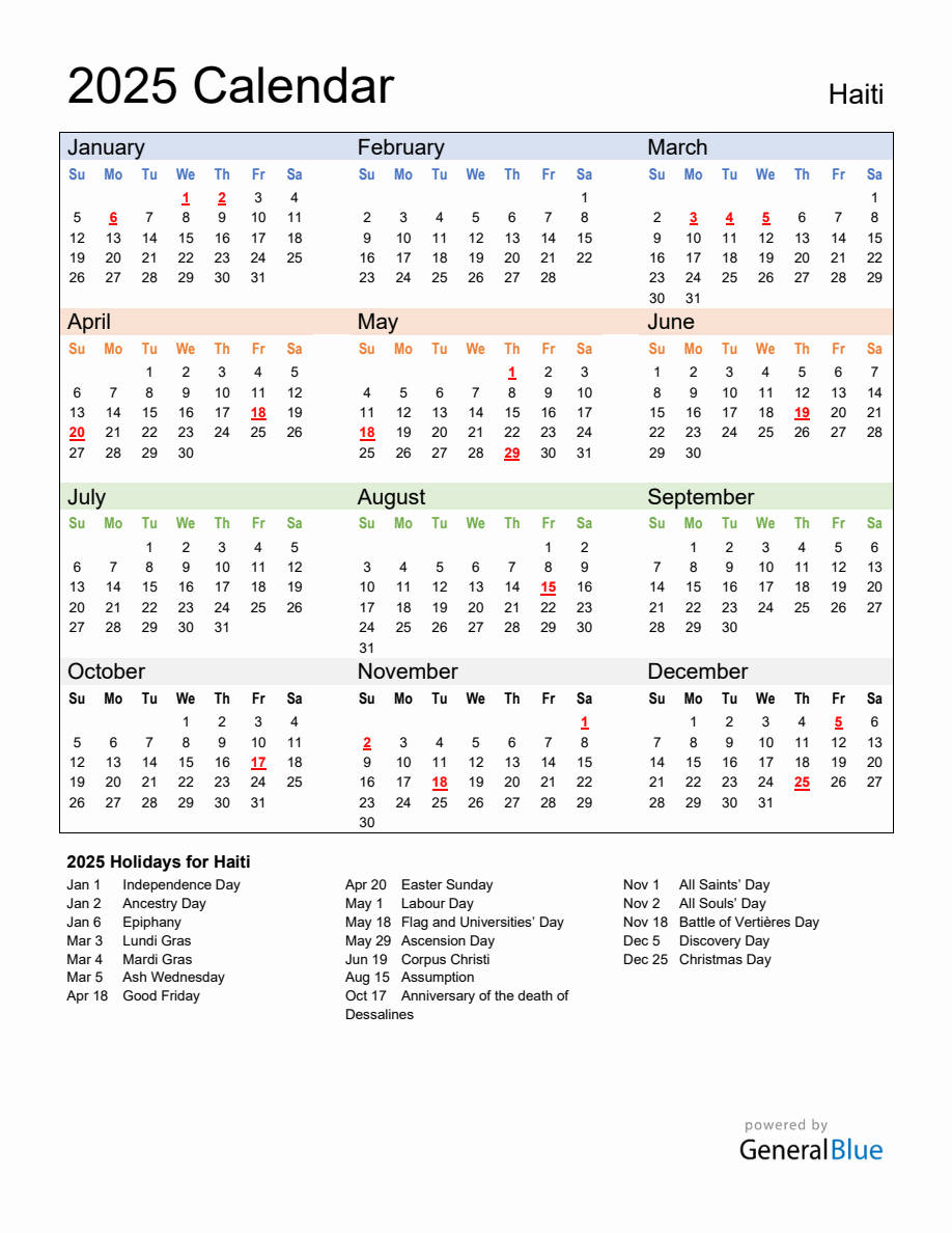 Annual Calendar 2025 with Haiti Holidays