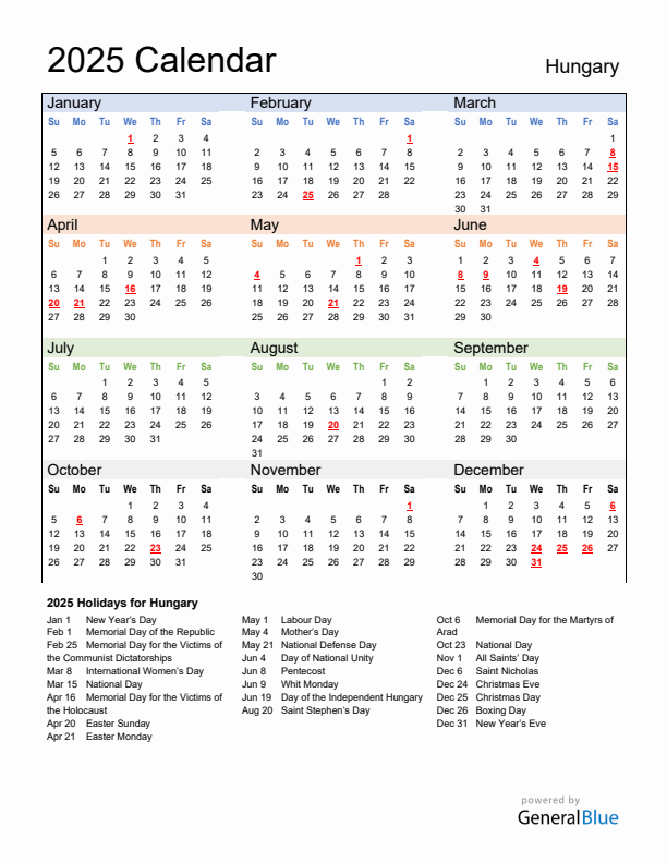 Calendar 2025 with Hungary Holidays