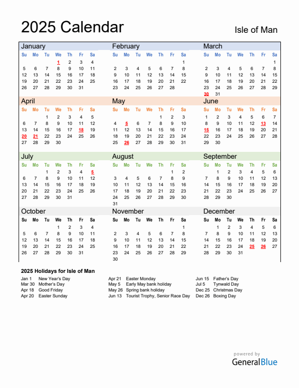 Calendar 2025 with Isle of Man Holidays