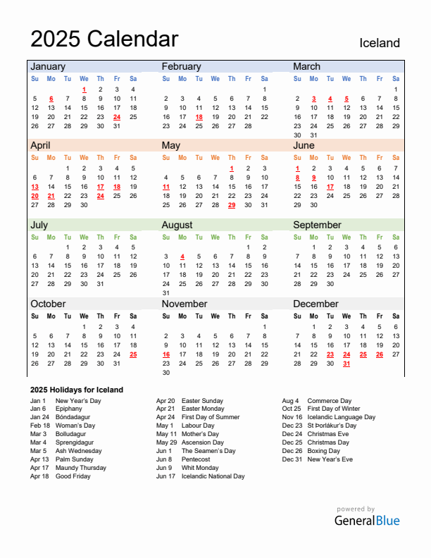 Calendar 2025 with Iceland Holidays