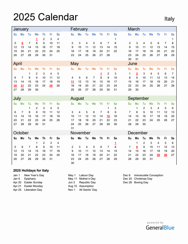 Calendar 2025 with Italy Holidays
