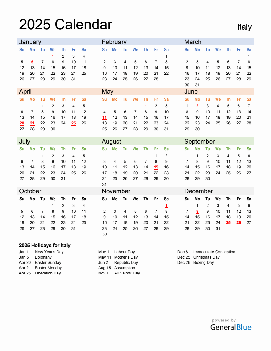 Annual Calendar 2025 with Italy Holidays