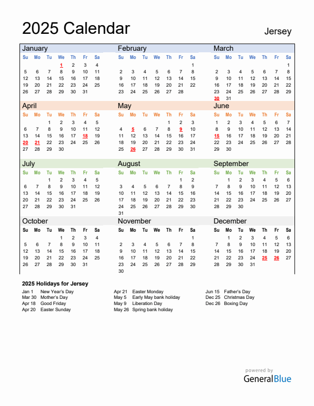 Calendar 2025 with Jersey Holidays