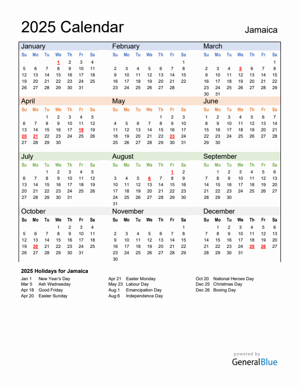 Calendar 2025 with Jamaica Holidays