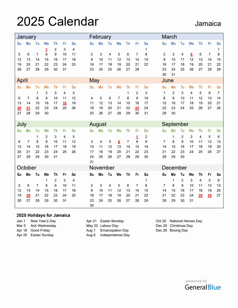 Annual Calendar 2025 with Jamaica Holidays