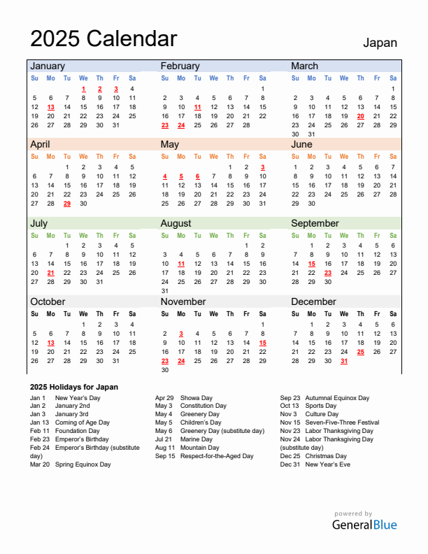 Calendar 2025 with Japan Holidays