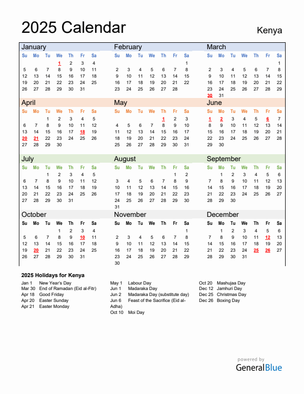 Calendar 2025 with Kenya Holidays