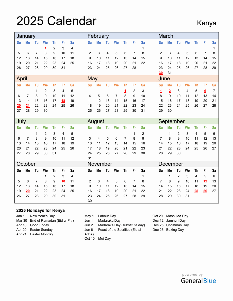 Annual Calendar 2025 with Kenya Holidays