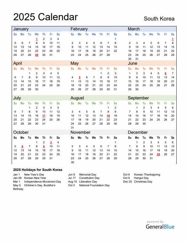 Calendar 2025 with South Korea Holidays