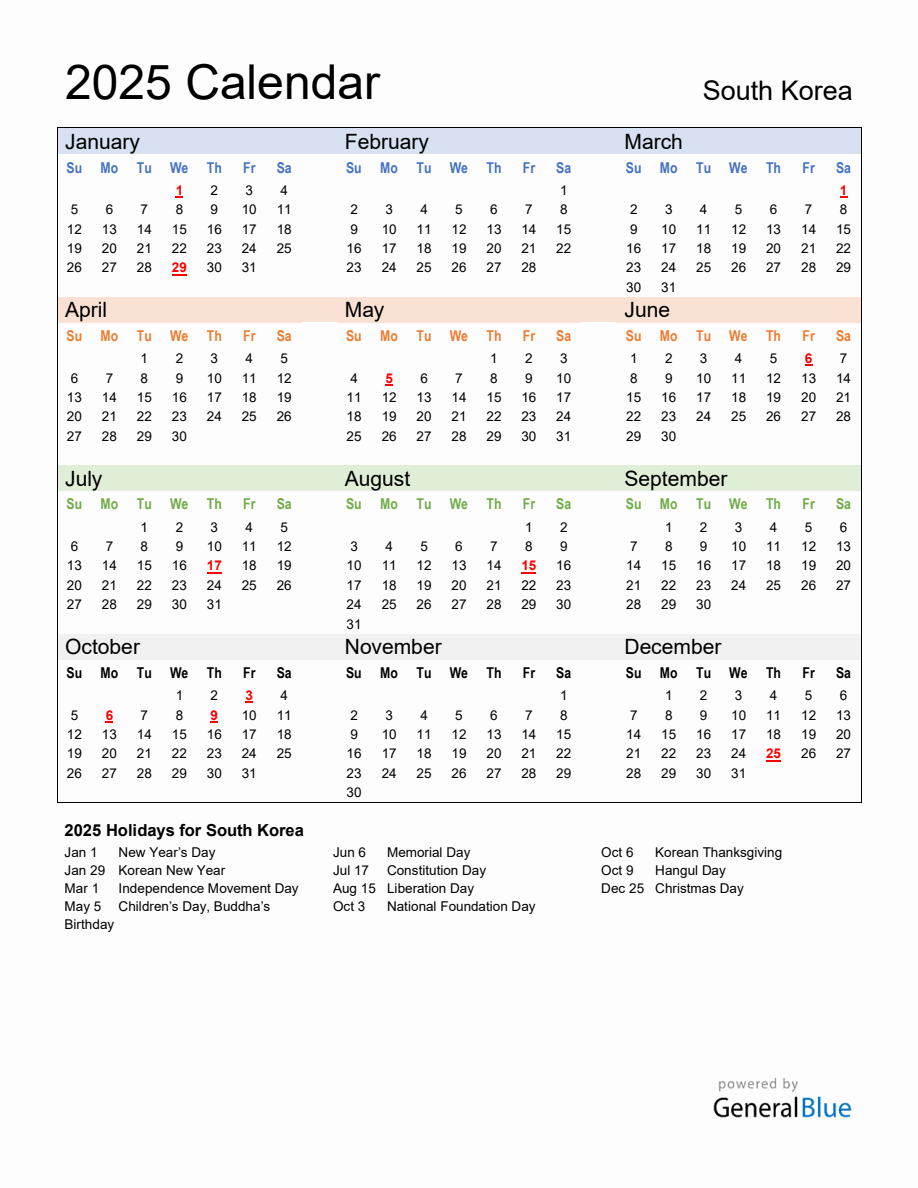 Annual Calendar 2025 with South Korea Holidays