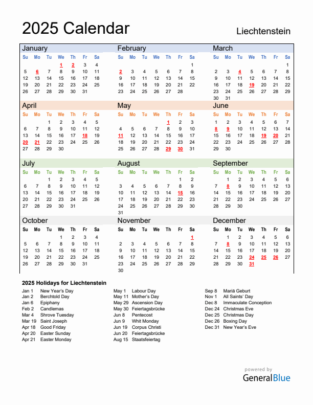 Calendar 2025 with Liechtenstein Holidays