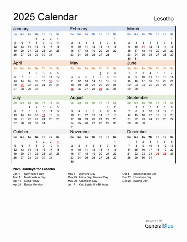 Calendar 2025 with Lesotho Holidays