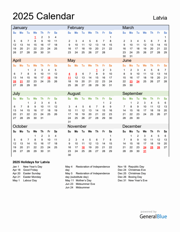 Calendar 2025 with Latvia Holidays