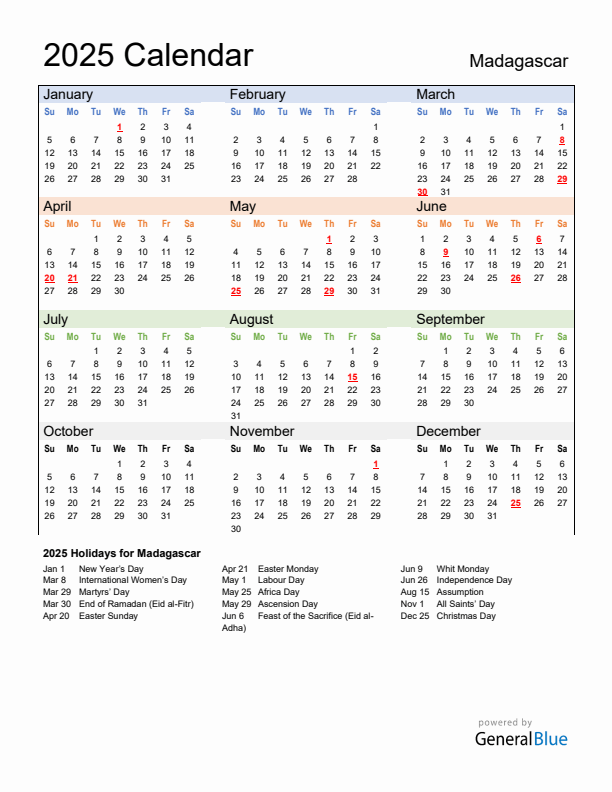 Calendar 2025 with Madagascar Holidays