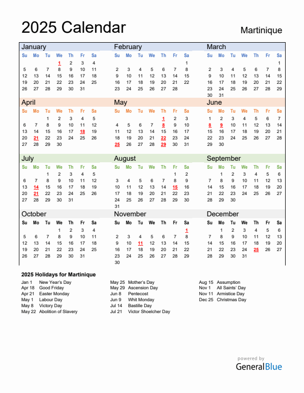 Calendar 2025 with Martinique Holidays