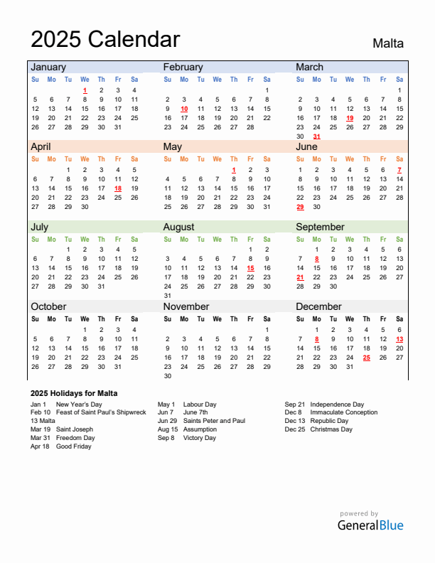 Calendar 2025 with Malta Holidays