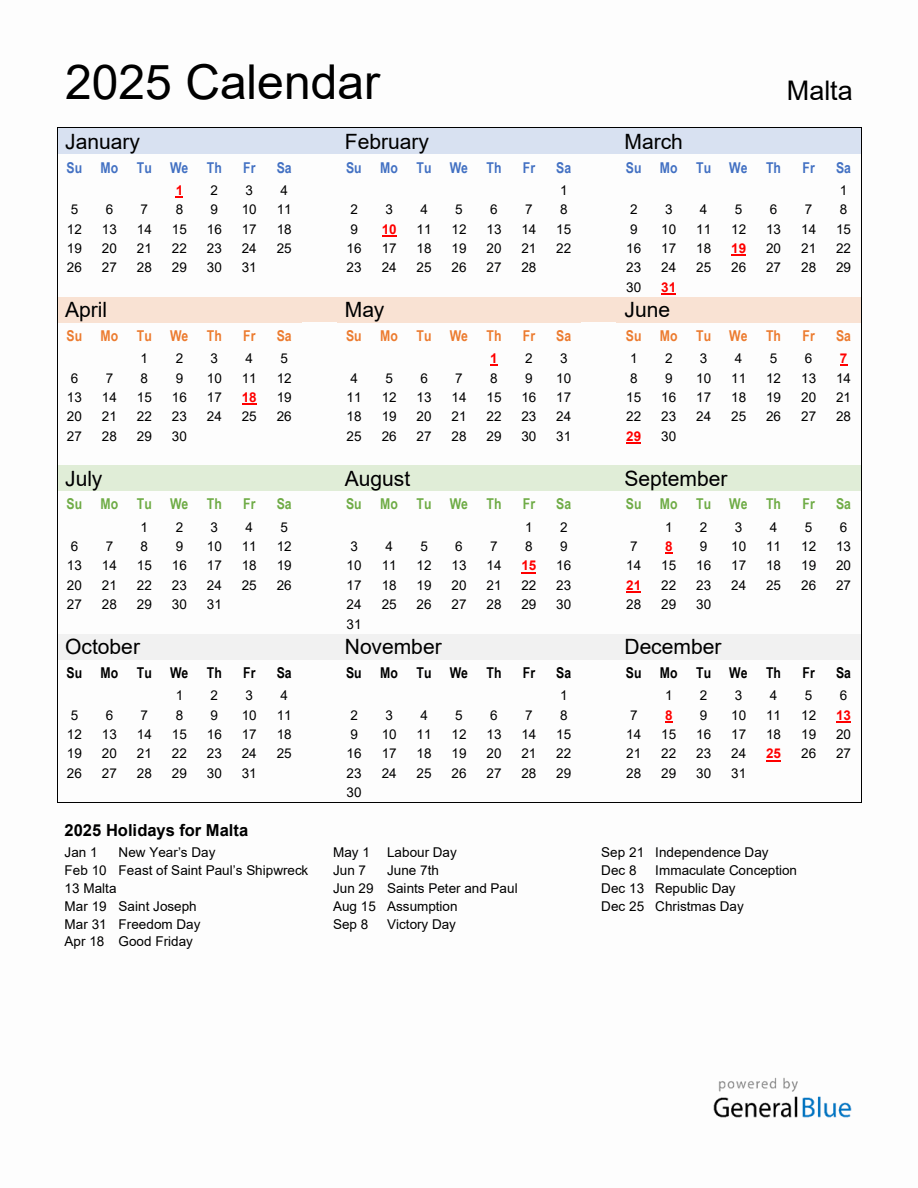 Annual Calendar 2025 with Malta Holidays