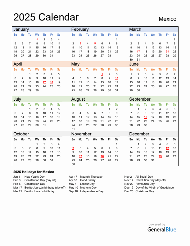 Calendar 2025 with Mexico Holidays