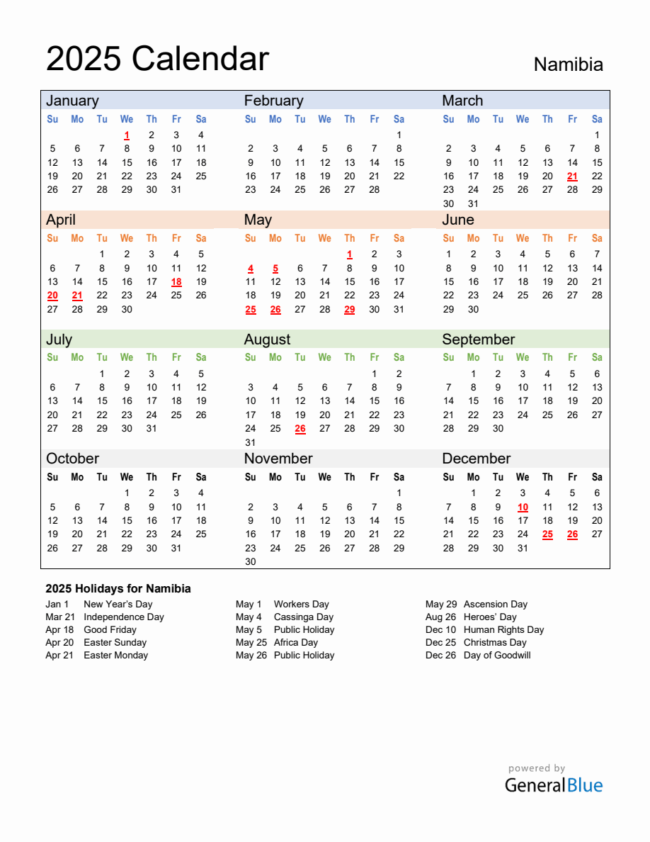 Annual Calendar 2025 with Namibia Holidays