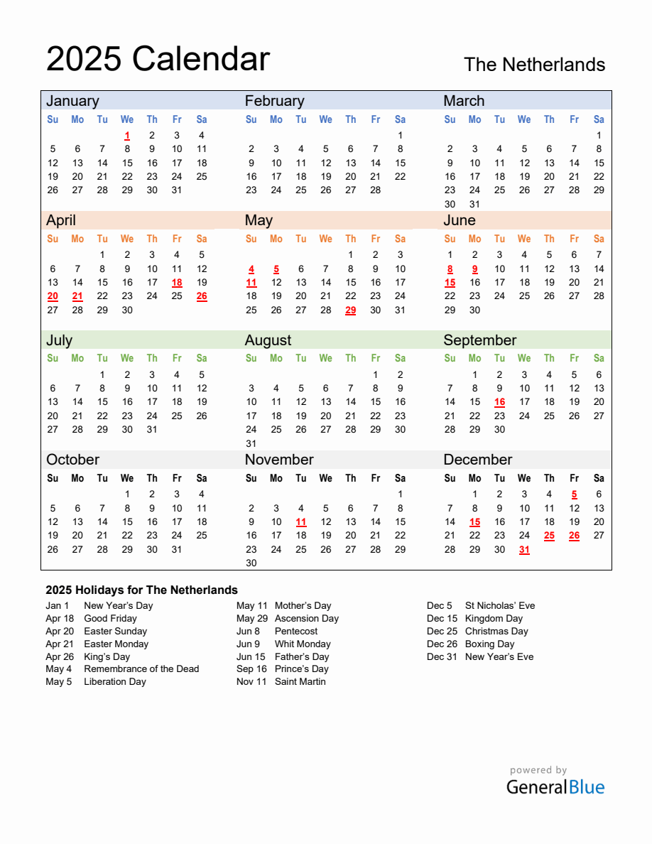 Annual Calendar 2025 with Netherlands Holidays