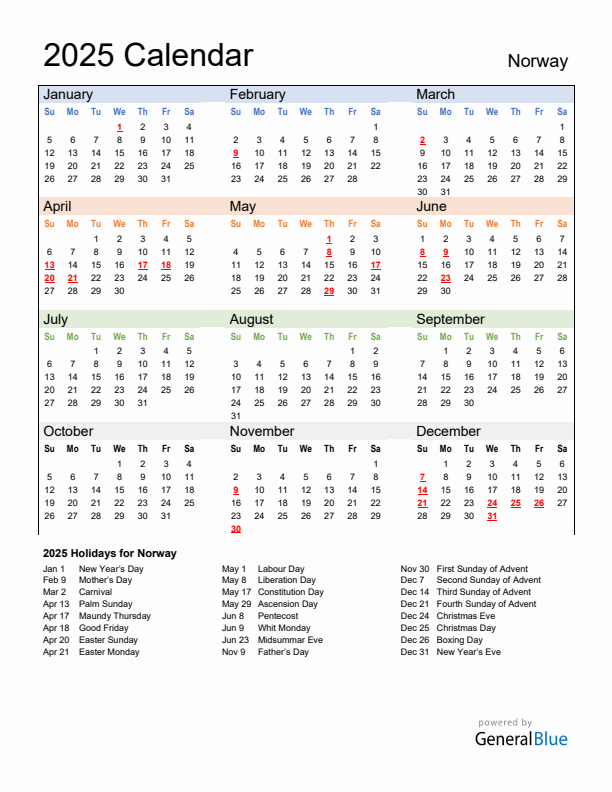 Calendar 2025 with Norway Holidays