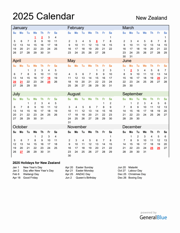 New Zealand Public Holidays 2025 Calendar 
