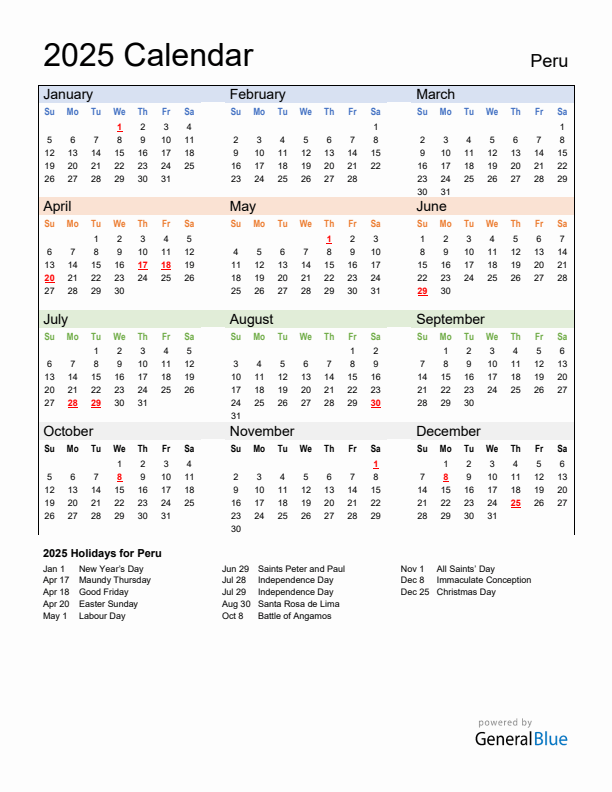 Calendar 2025 with Peru Holidays