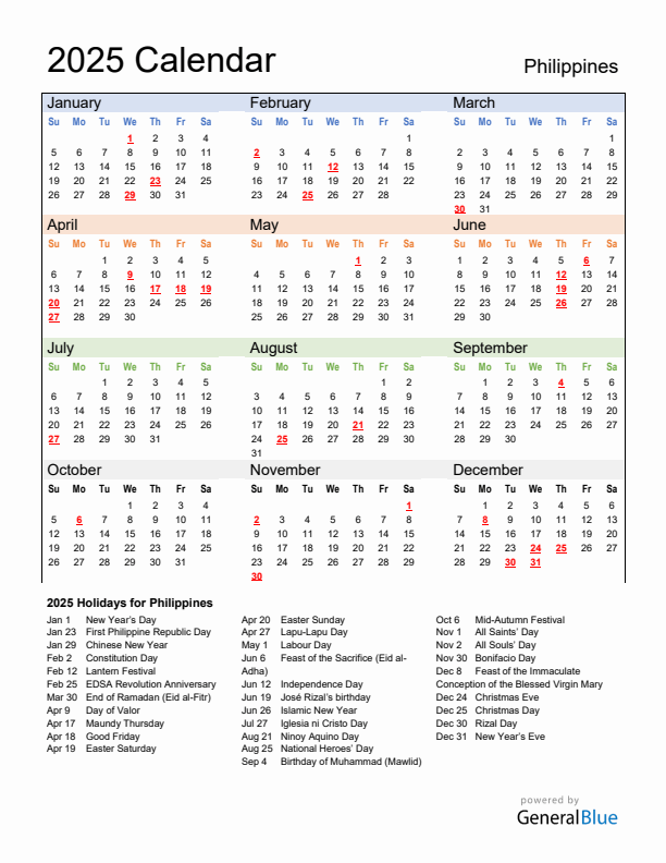 Calendar 2025 with Philippines Holidays