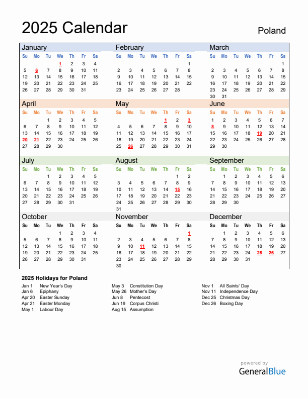 Calendar 2025 with Poland Holidays