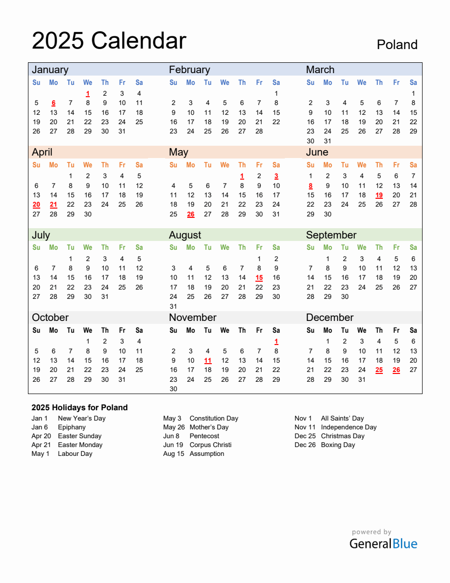 Annual Calendar 2025 with Poland Holidays