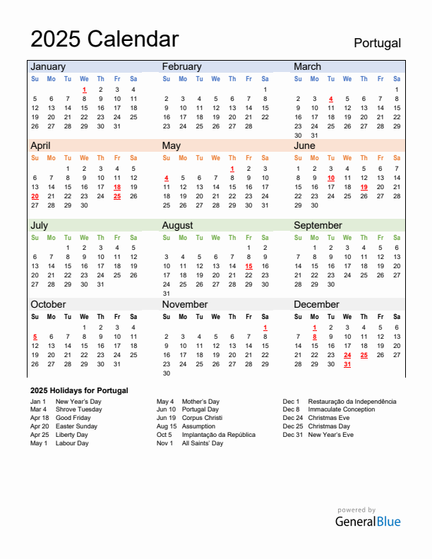 Calendar 2025 with Portugal Holidays
