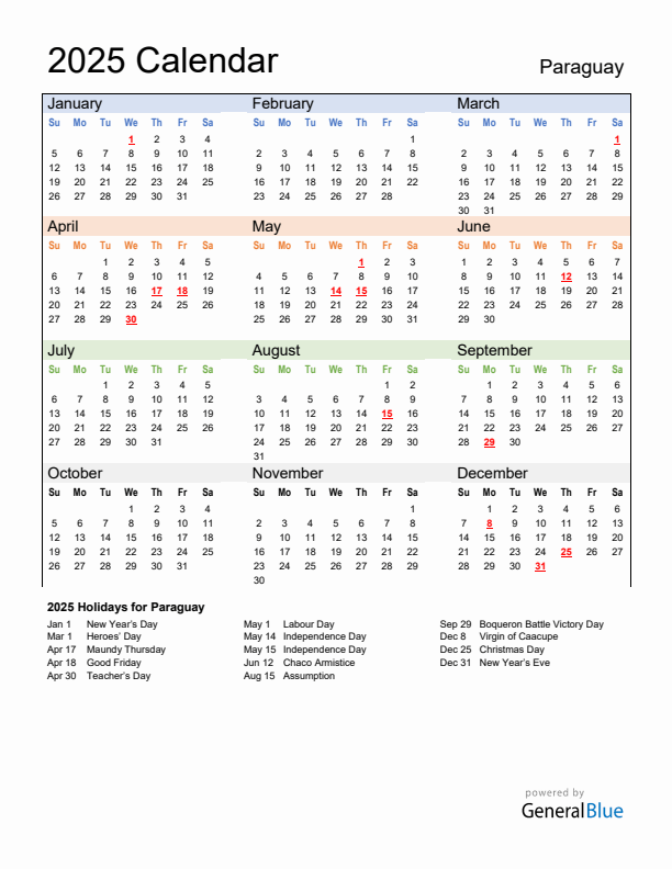 Calendar 2025 with Paraguay Holidays