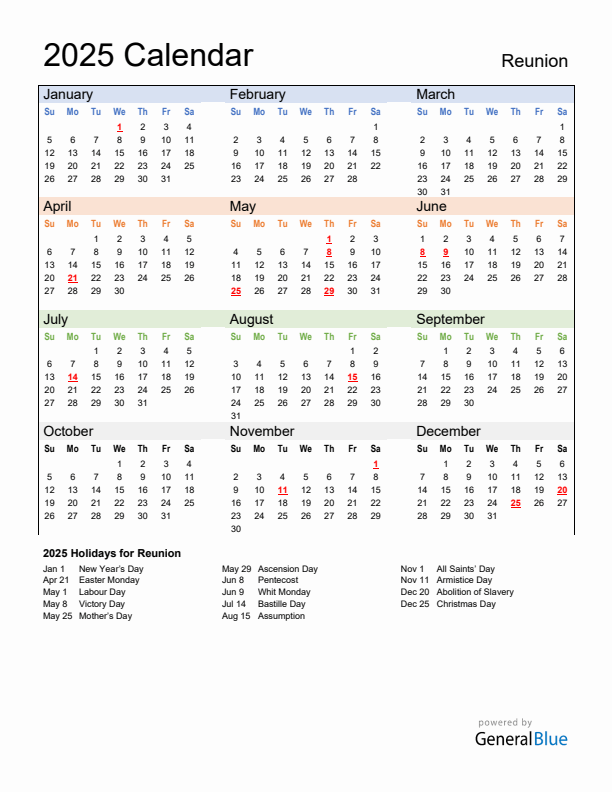 Calendar 2025 with Reunion Holidays