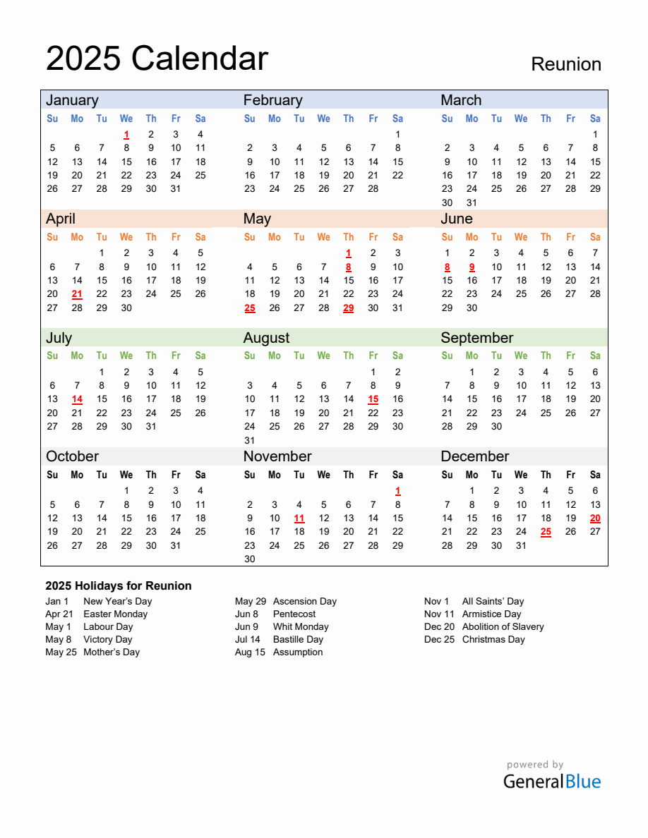 Annual Calendar 2025 with Reunion Holidays