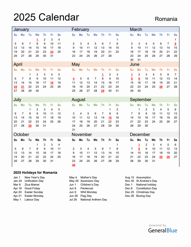 Calendar 2025 with Romania Holidays