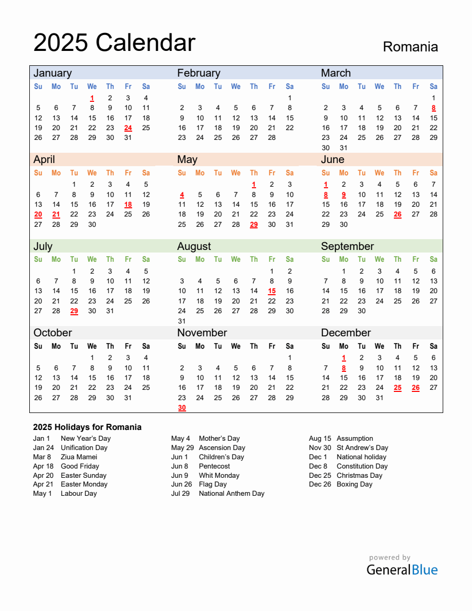 2025 Calendar Multi Colored With Holidays Portrait Sunday Start En Ro 918x1188 
