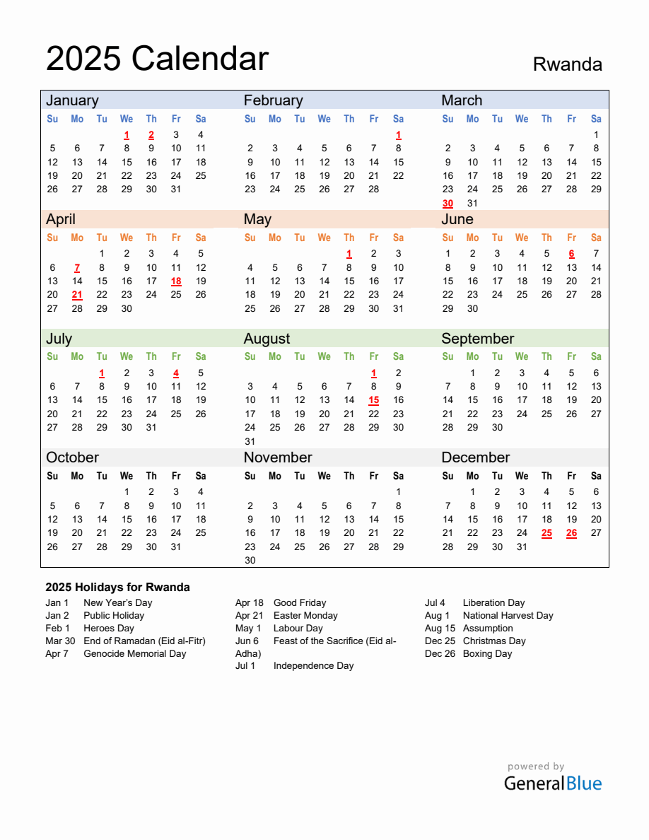 Annual Calendar 2025 with Rwanda Holidays