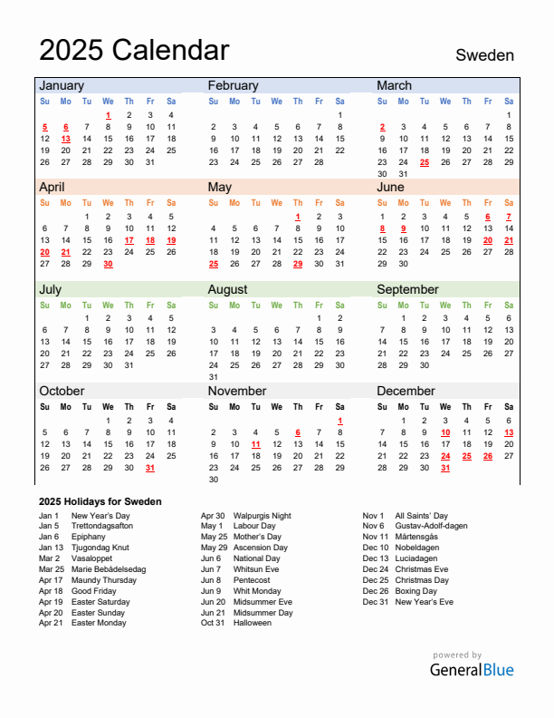Calendar 2025 with Sweden Holidays