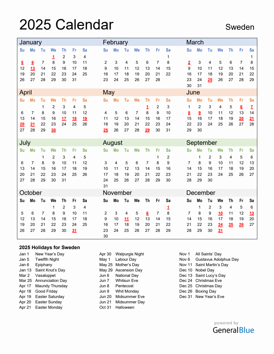 Annual Calendar 2025 with Sweden Holidays