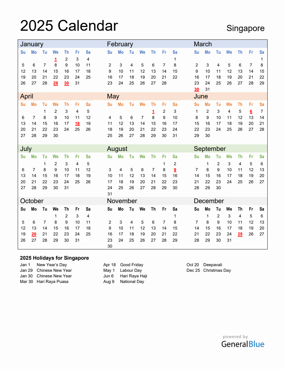 Annual Calendar 2025 with Singapore Holidays