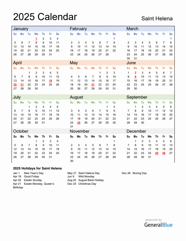Calendar 2025 with Saint Helena Holidays