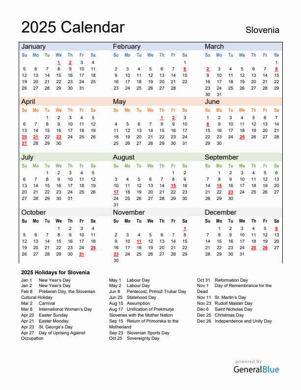 Calendar 2025 with Slovenia Holidays