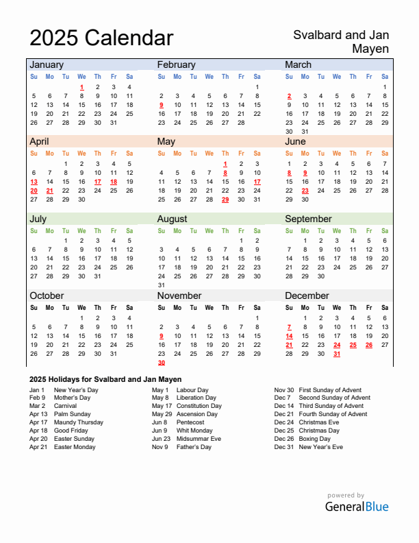 Calendar 2025 with Svalbard and Jan Mayen Holidays